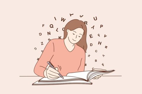 Une adolescente ou un adolescent écrit, penché sur un cahier. Des lettres voltigent autour de ce personnage qui a les cheveux longs.