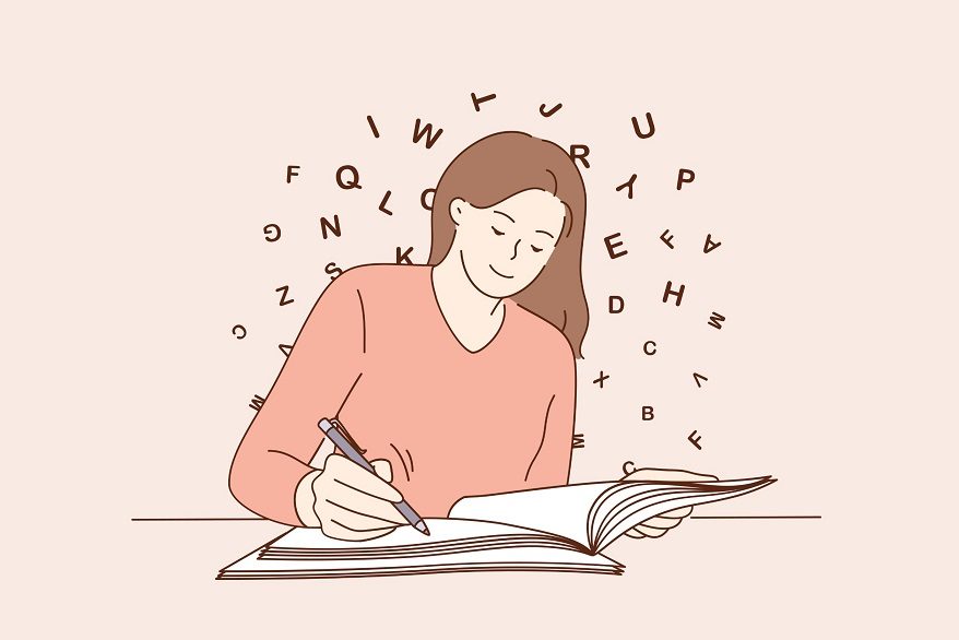 Une adolescente ou un adolescent écrit, penché sur un cahier. Des lettres voltigent autour de ce personnage qui a les cheveux longs.
